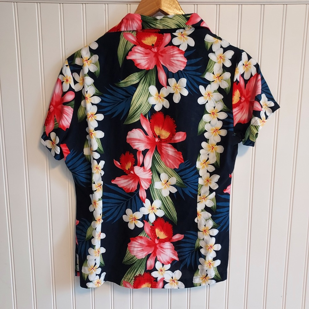 Vintage Two Palms Floral Printed Rayon Hawaiian Shirt Women's XS - Picture 2 of 6
